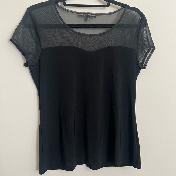 Suzie In The City Tops - Suzie in the City Black Mesh Illusion Top Women’s Large Sheer Neckline Blouse